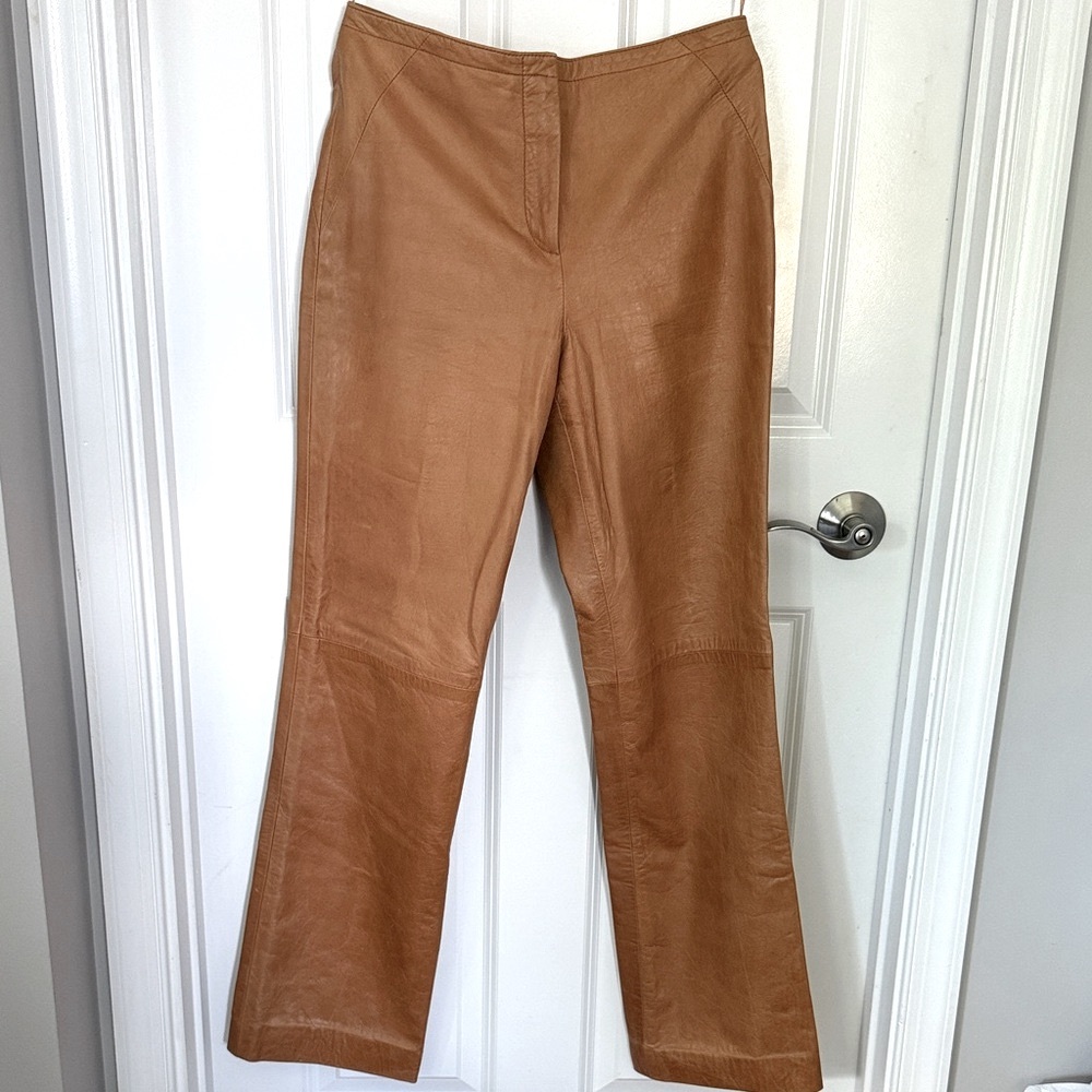 DKNY Camel Straight Leg Leather Pants